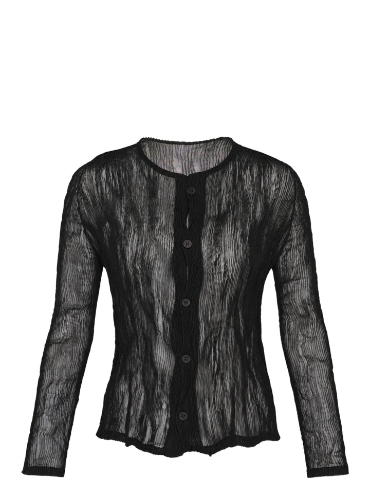 Issey Miyake sheer black chiffon twist cardigan with crinkled pleated texture, round neckline and button-front closure