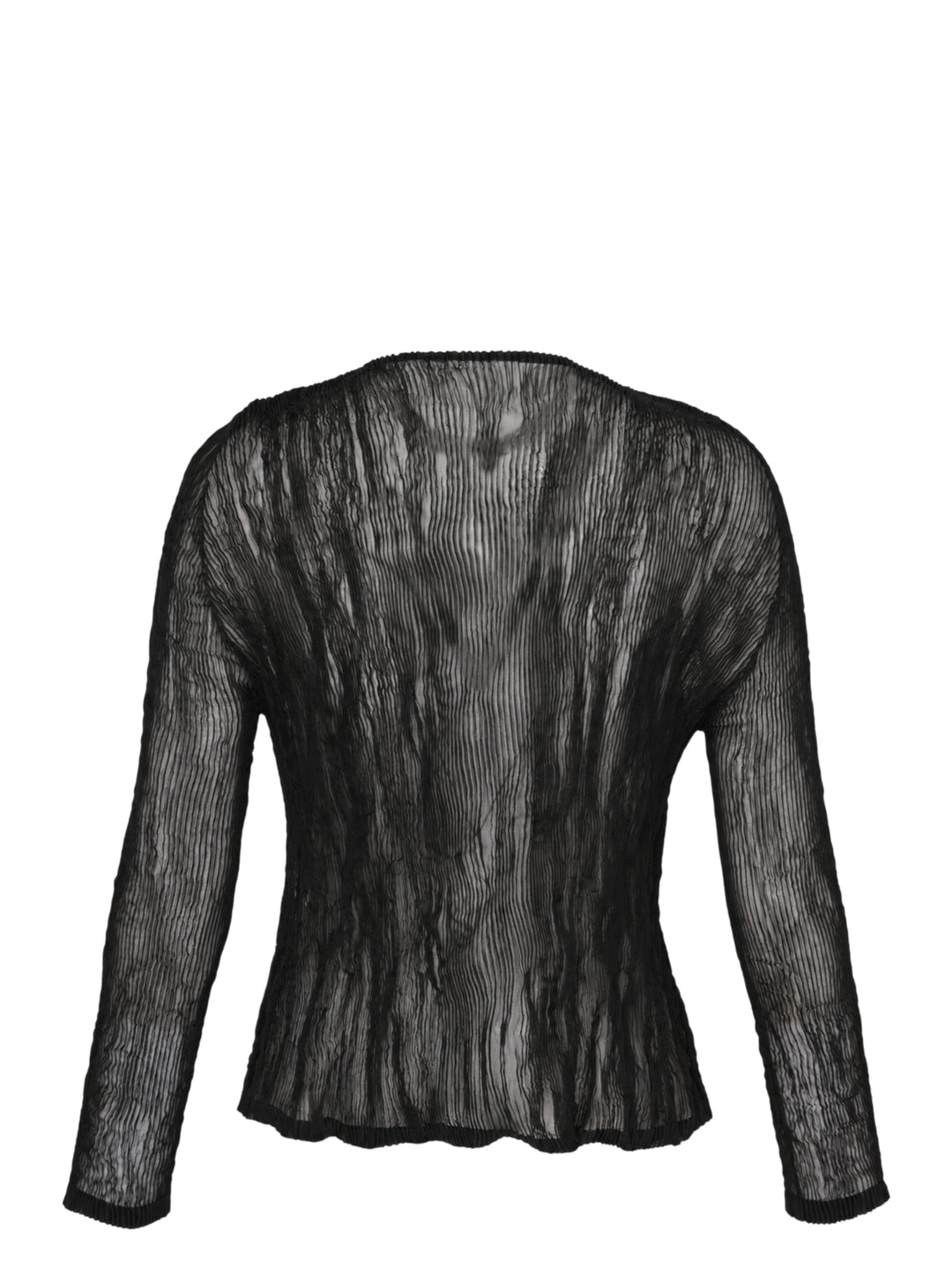 Issey Miyake sheer black chiffon twist cardigan with crinkled pleated texture, round neckline and button-front closure - view 2