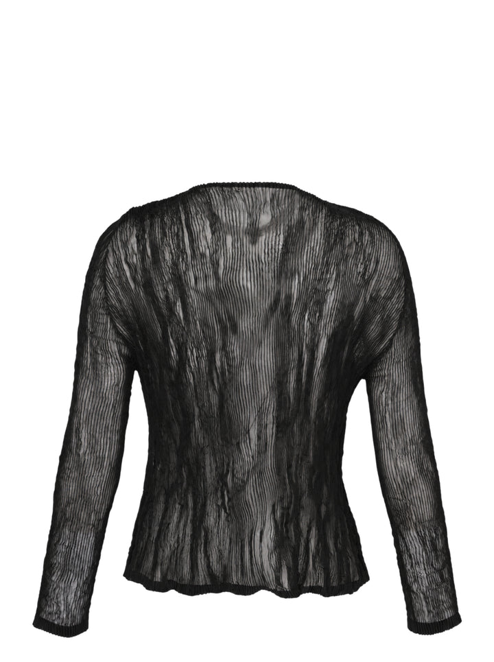 Issey Miyake sheer black chiffon twist cardigan with crinkled pleated texture, round neckline and button-front closure - view 2