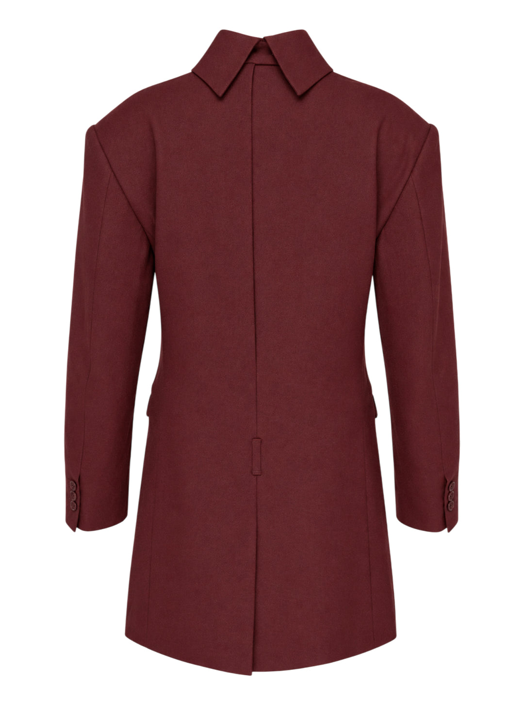 Issey Miyake burgundy tunic with funnel neck, structured shoulders, chest welt pocket and two flap pockets, shown from the front - view 2