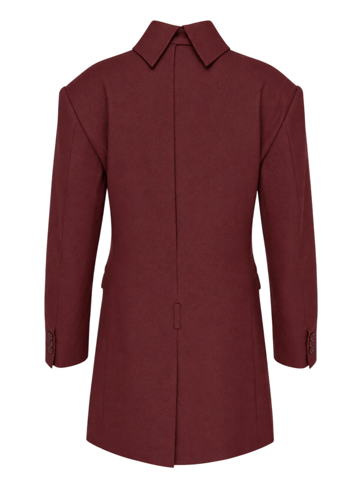 Issey Miyake burgundy tunic with funnel neck, structured shoulders, chest welt pocket and two flap pockets, shown from the front - view 2