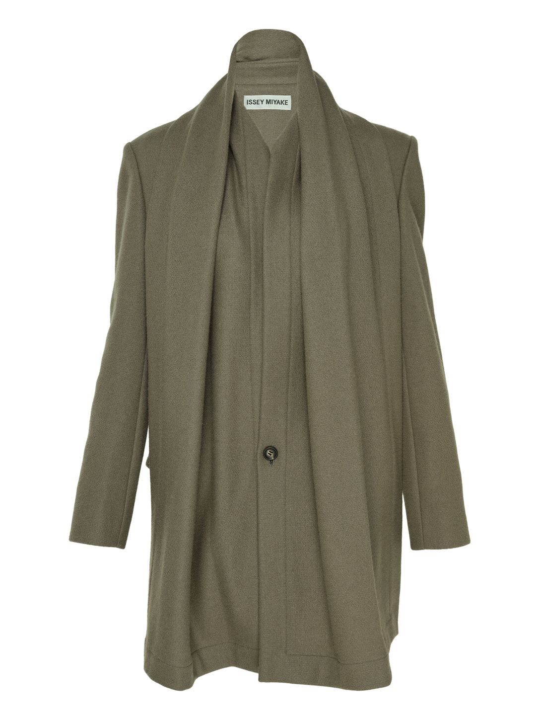 Issey Miyake Manner jacket in olive wool with integrated draped scarf collar and single button fastening