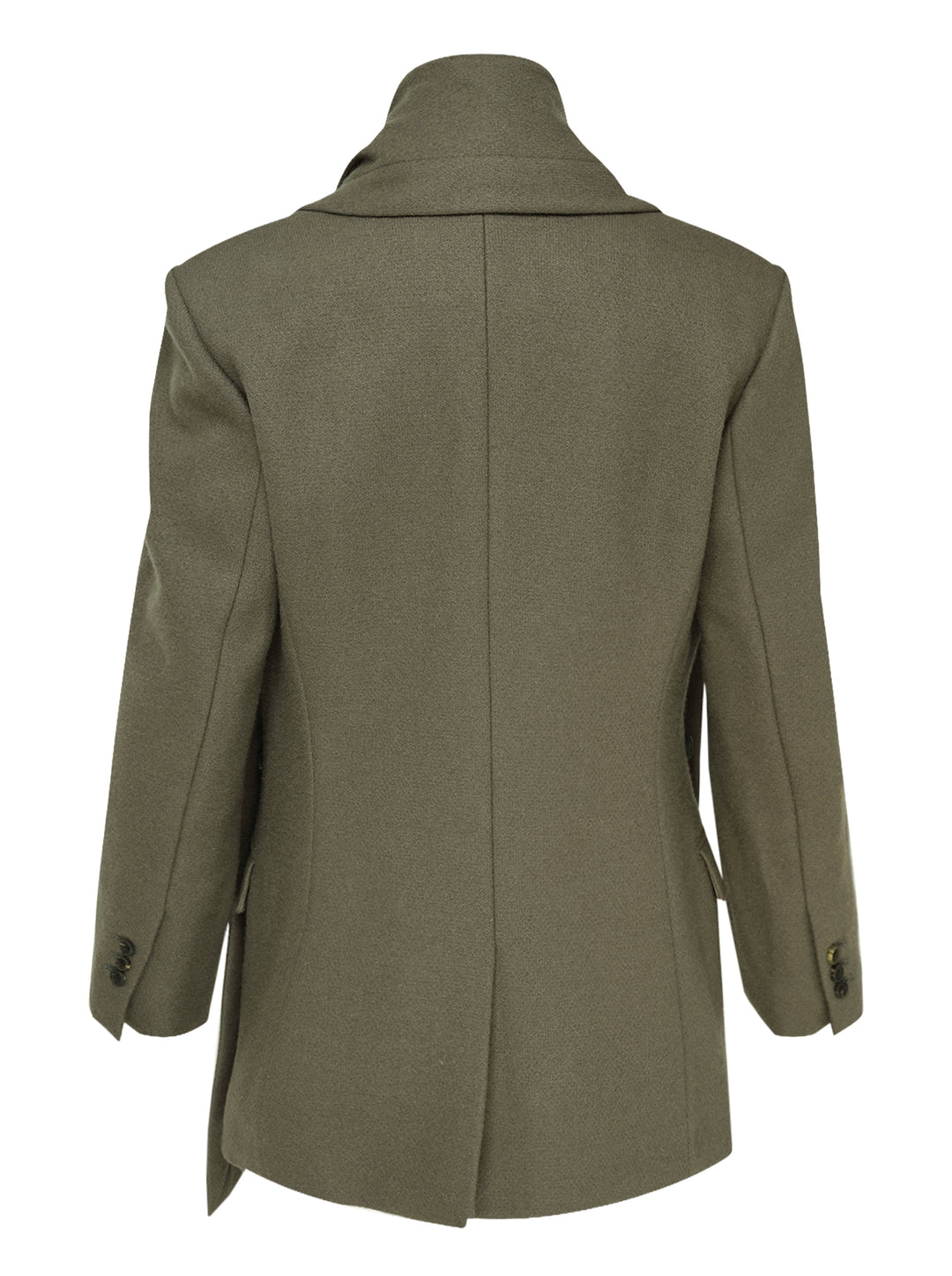 Issey Miyake Manner jacket in olive wool with integrated draped scarf collar and single button fastening - view 2