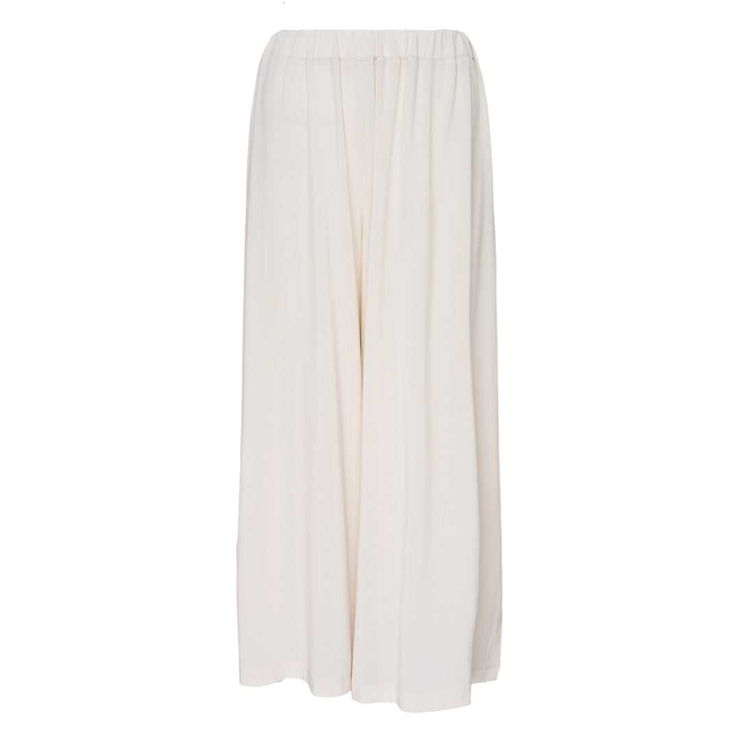 Issey Miyake Drape Jersey Knit Pants in black, wide-leg silhouette with mixed-texture ribbed panel and elasticated waistband, flat lay on white background
