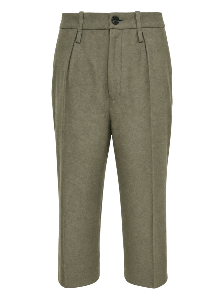 Issey Miyake Manner woven pants in olive-khaki with a high pleated waist, belt loops, button fastening and a straight cropped leg