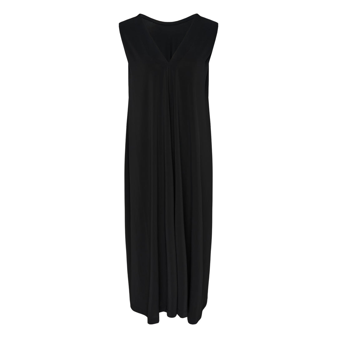 Issey Miyake Drape Jersey Knit Dress in black, sleeveless with V-neckline and centrally pleated drape, relaxed cocoon silhouette, midi length, flat lay on white background