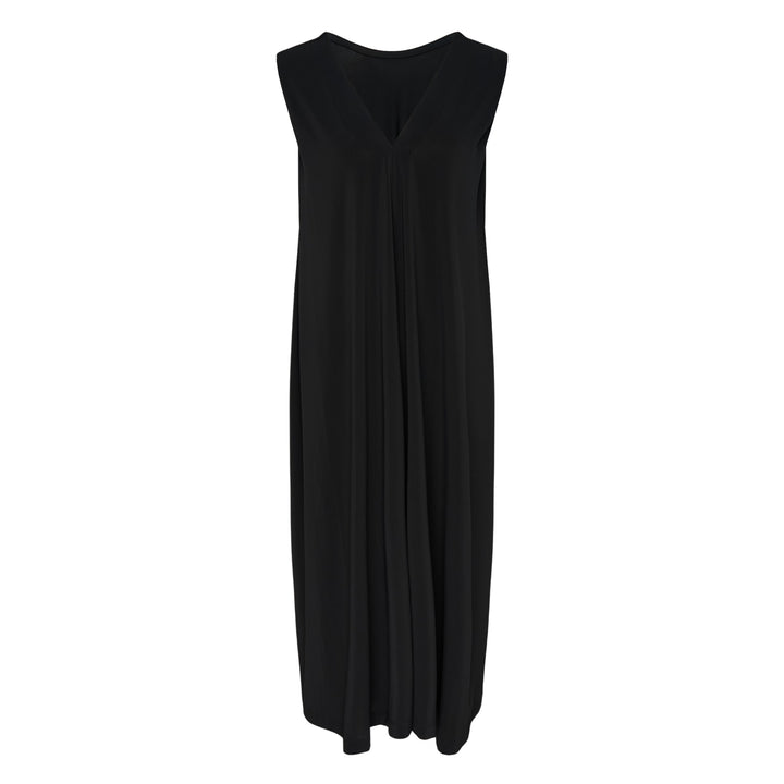 Issey Miyake Drape Jersey Knit Dress in black, sleeveless with V-neckline and centrally pleated drape, relaxed cocoon silhouette, midi length, flat lay on white background
