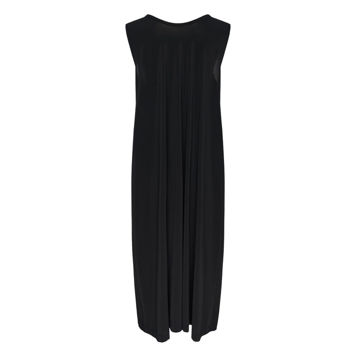Issey Miyake Drape Jersey Knit Dress in black, sleeveless with V-neckline and centrally pleated drape, relaxed cocoon silhouette, midi length, flat lay on white background