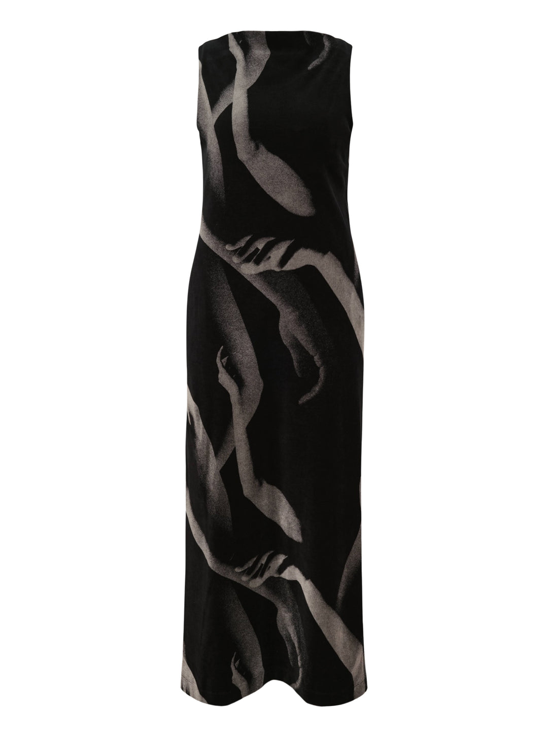 Issey Miyake Hands of Lover sleeveless black velour knit maxi dress with all-over grayscale photographic print of intertwining human arms and hands