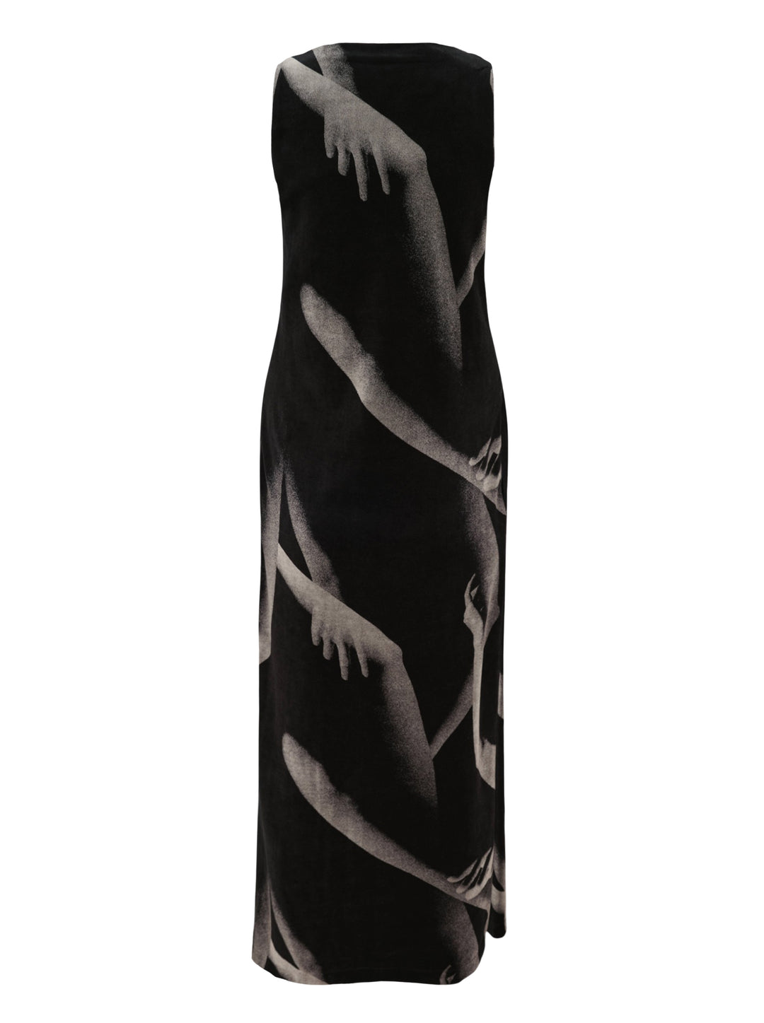Issey Miyake Hands of Lover sleeveless black velour knit maxi dress with all-over grayscale photographic print of intertwining human arms and hands - view 2