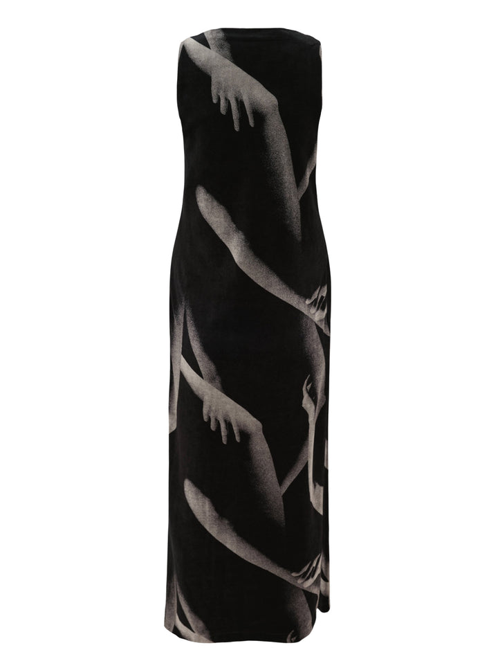 Issey Miyake Hands of Lover sleeveless black velour knit maxi dress with all-over grayscale photographic print of intertwining human arms and hands - view 2