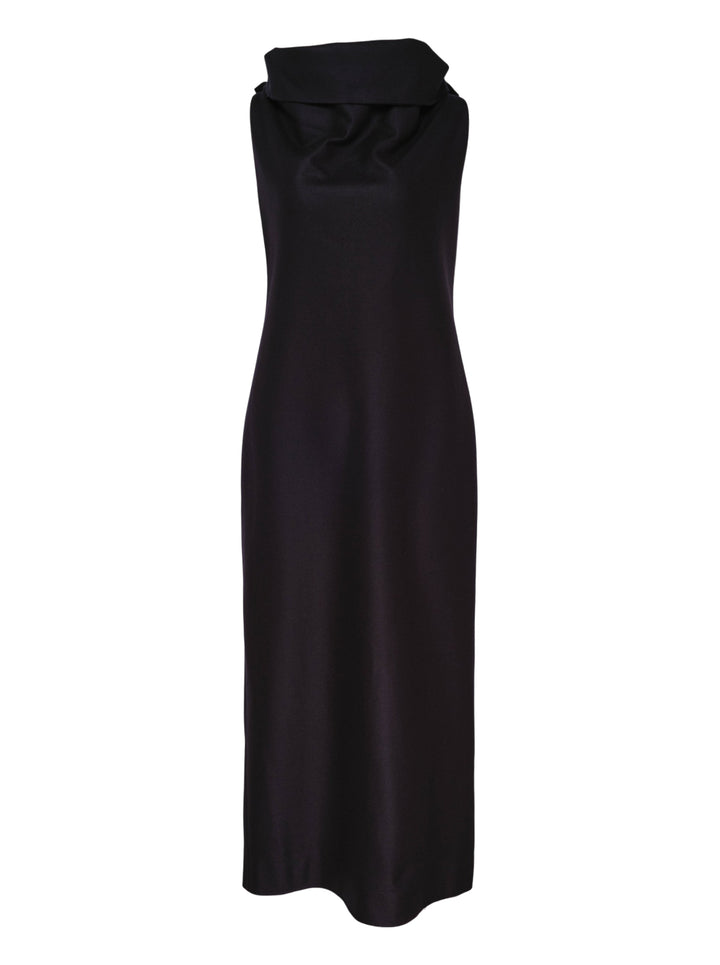 Issey Miyake Shell sleeveless black woven midi dress with a draped cowl neckline and slim silhouette