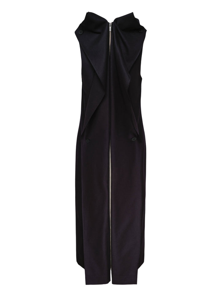 Issey Miyake Shell sleeveless black woven midi dress with a draped cowl neckline and slim silhouette - view 2