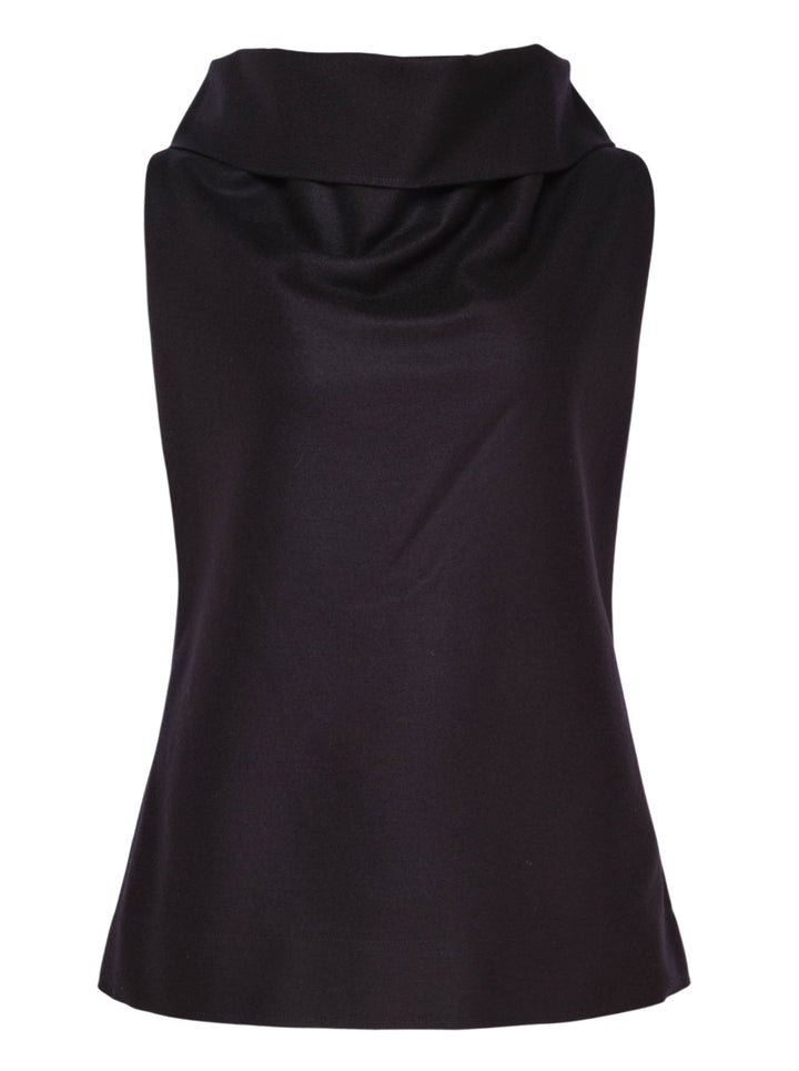 Issey Miyake Shell sleeveless top in black satin with a draped cowl neckline and gently flared silhouette, shot against a white background