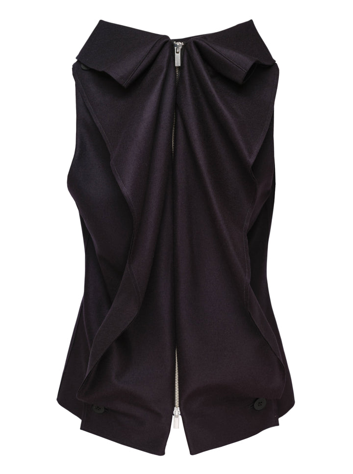 Issey Miyake Shell sleeveless top in black satin with a draped cowl neckline and gently flared silhouette, shot against a white background - view 2