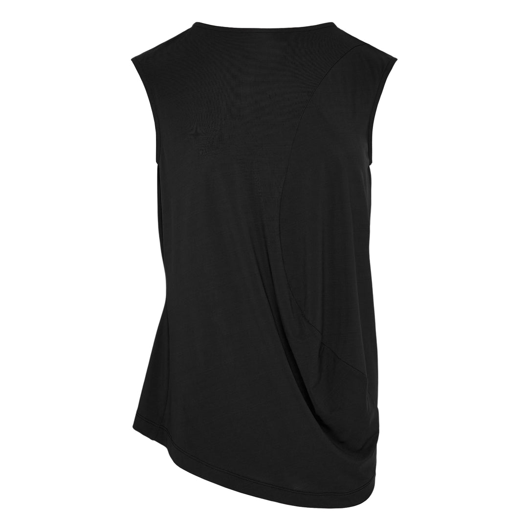 Issey Miyake Drape Jersey Knit Top in black, sleeveless with asymmetric diagonal drape and layered hem, back view on white background