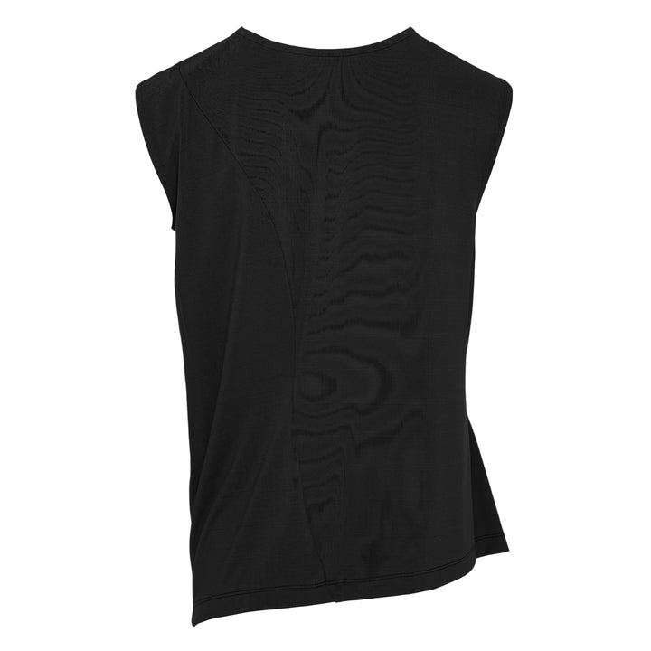 Issey Miyake Drape Jersey Knit Top in black, sleeveless with asymmetric diagonal drape and layered hem, back view on white background