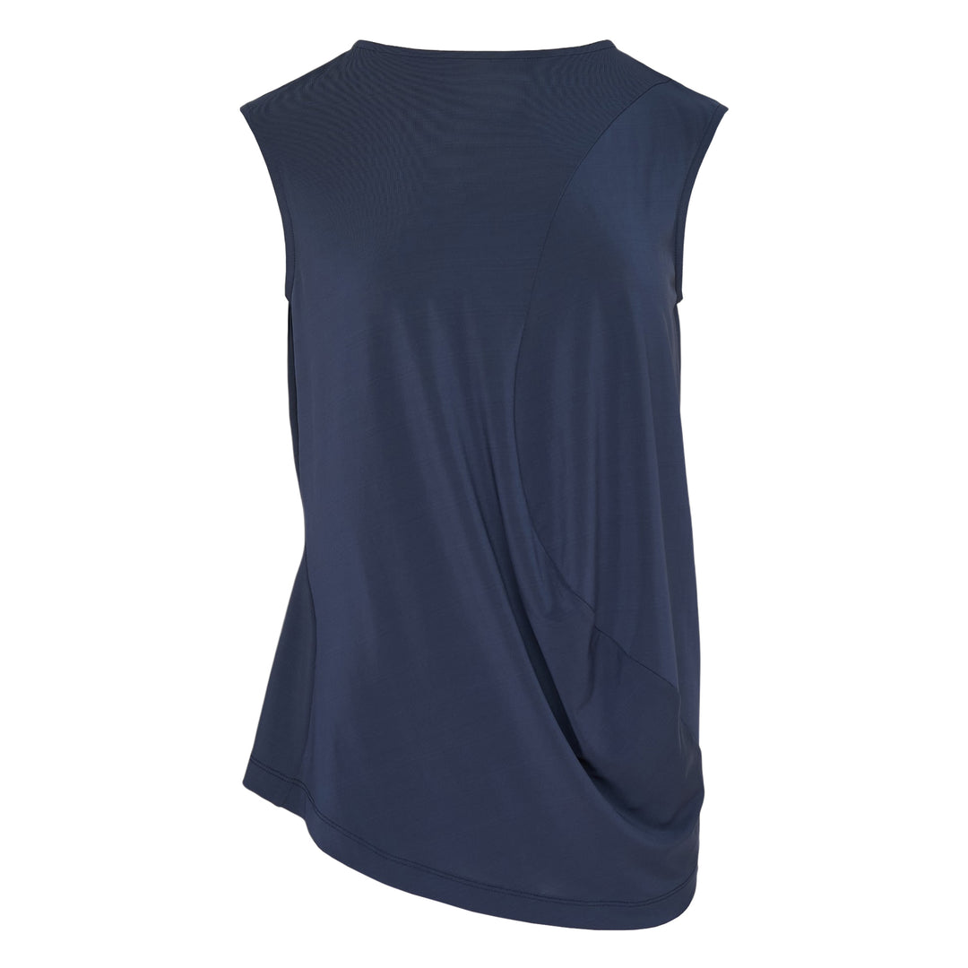Issey Miyake Drape Jersey Knit Top in black, sleeveless with asymmetric diagonal drape and layered hem, back view on white background