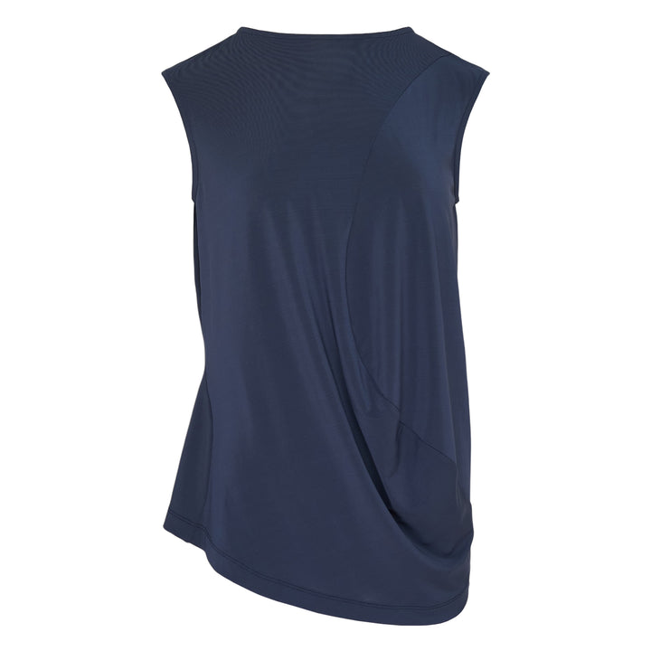 Issey Miyake Drape Jersey Knit Top in black, sleeveless with asymmetric diagonal drape and layered hem, back view on white background