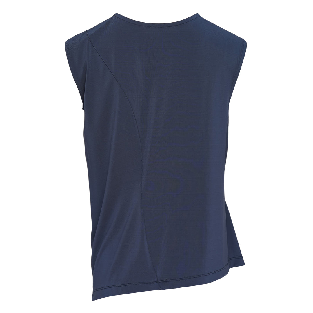 Issey Miyake Drape Jersey Knit Top in black, sleeveless with asymmetric diagonal drape and layered hem, back view on white background