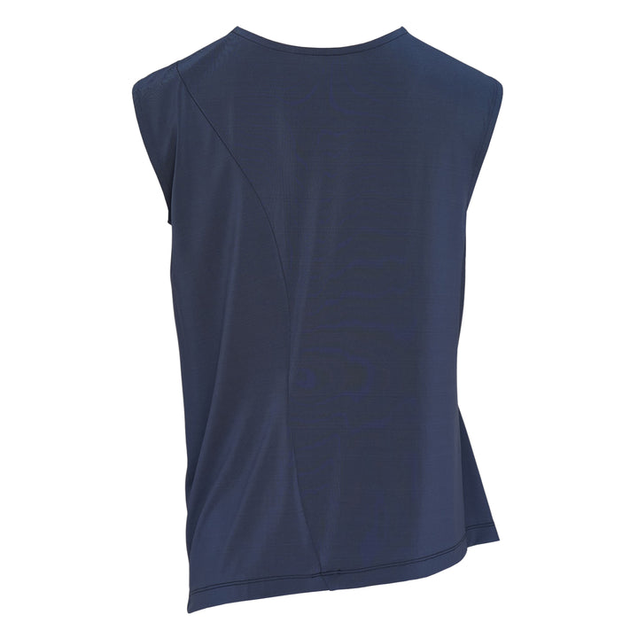 Issey Miyake Drape Jersey Knit Top in black, sleeveless with asymmetric diagonal drape and layered hem, back view on white background