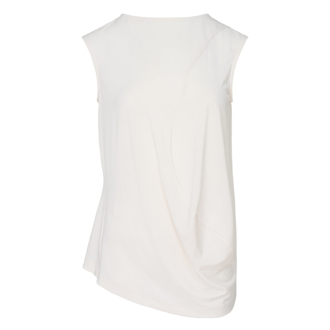 Issey Miyake Drape Jersey Knit Top in black, sleeveless with asymmetric diagonal drape and layered hem, back view on white background