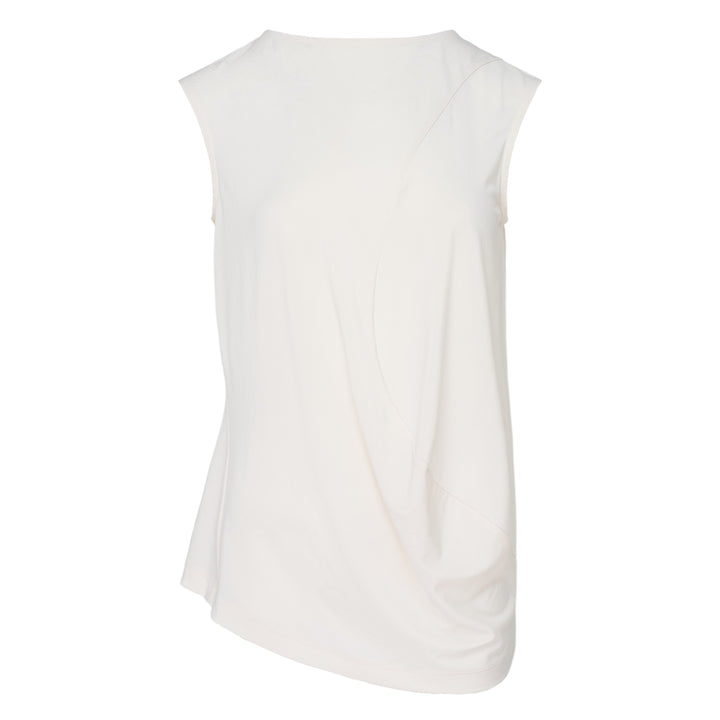 Issey Miyake Drape Jersey Knit Top in black, sleeveless with asymmetric diagonal drape and layered hem, back view on white background