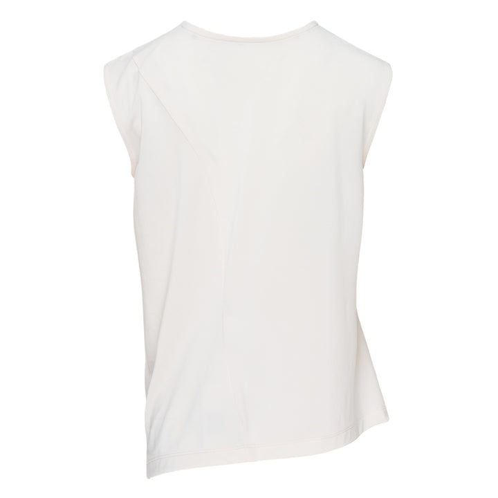 Issey Miyake Drape Jersey Knit Top in black, sleeveless with asymmetric diagonal drape and layered hem, back view on white background
