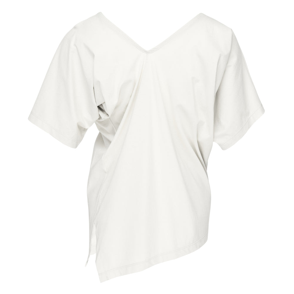 Issey Miyake Tubular Knit Top in black, featuring a V-neckline, short sleeves, draped body, and asymmetric hem with side slit
