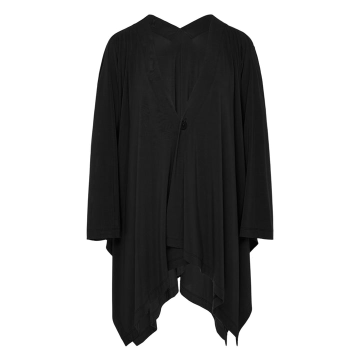Issey Miyake Drape Jersey Cardigan in black, featuring a single-button front closure, draped bodice, long sleeves, and an asymmetric handkerchief hem with cascading pointed ends