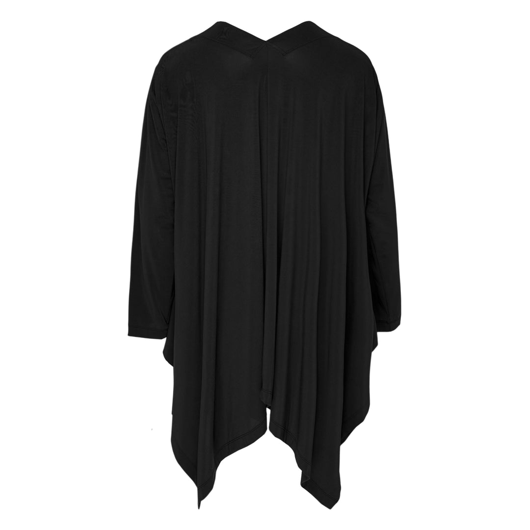 Issey Miyake Drape Jersey Cardigan in black, featuring a single-button front closure, draped bodice, long sleeves, and an asymmetric handkerchief hem with cascading pointed ends