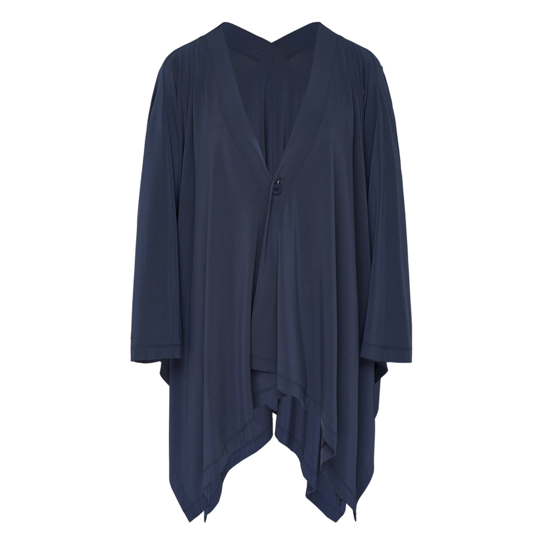 Issey Miyake Drape Jersey Cardigan in black, featuring a single-button front closure, draped bodice, long sleeves, and an asymmetric handkerchief hem with cascading pointed ends