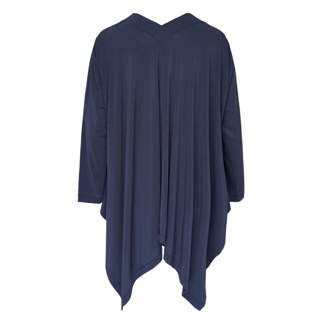 Issey Miyake Drape Jersey Cardigan in black, featuring a single-button front closure, draped bodice, long sleeves, and an asymmetric handkerchief hem with cascading pointed ends