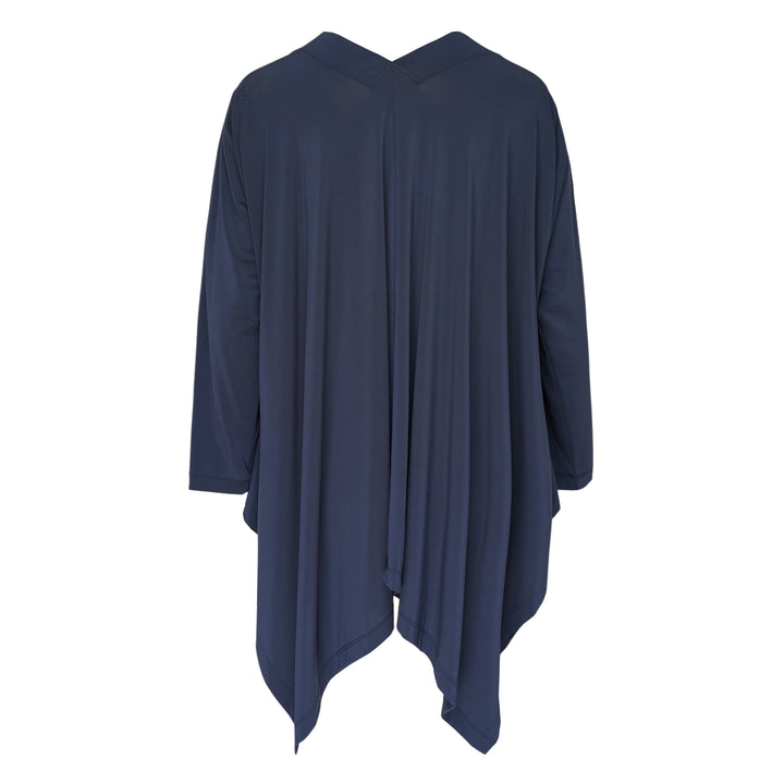Issey Miyake Drape Jersey Cardigan in black, featuring a single-button front closure, draped bodice, long sleeves, and an asymmetric handkerchief hem with cascading pointed ends
