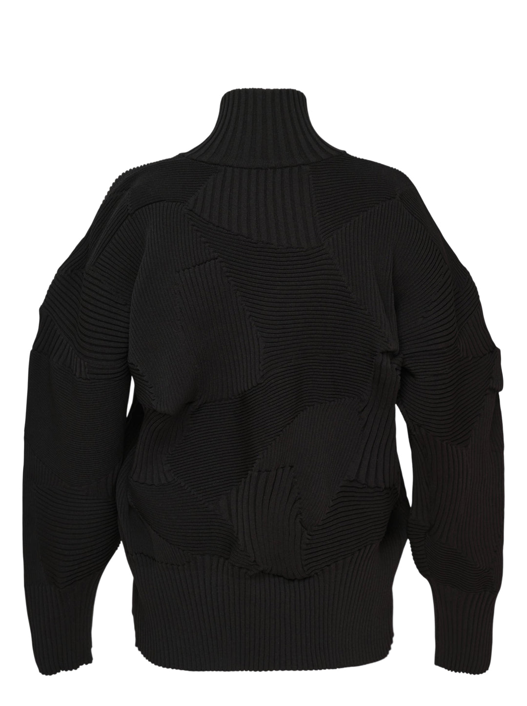 Issey Miyake black ribbed knit zip jacket with sculptural patchwork panels, funnel neck, full-length zip closure, and oversized silhouette — front view - view 2