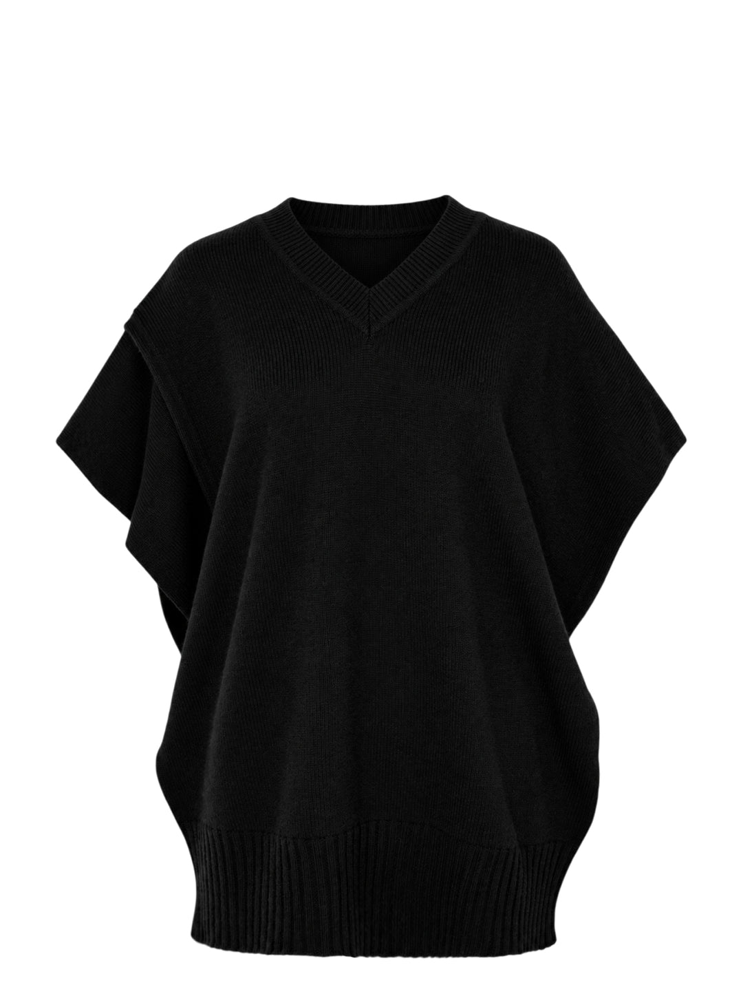 Issey Miyake black oversized knit vest with V-neckline, ribbed trims and a sculptural cocoon silhouette