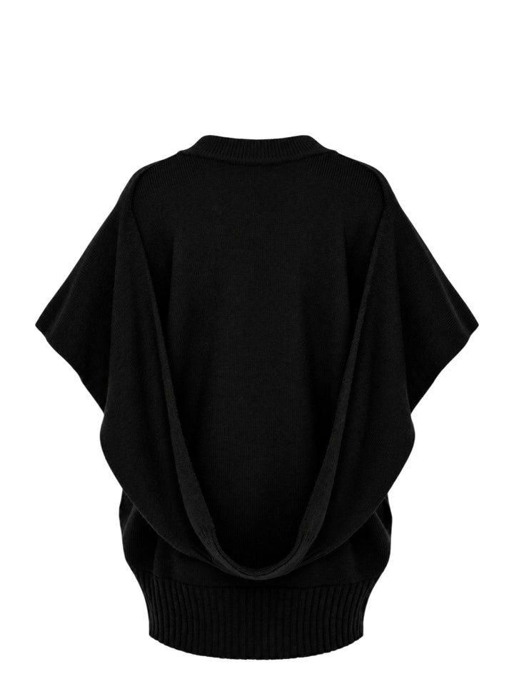Issey Miyake black oversized knit vest with V-neckline, ribbed trims and a sculptural cocoon silhouette - view 2