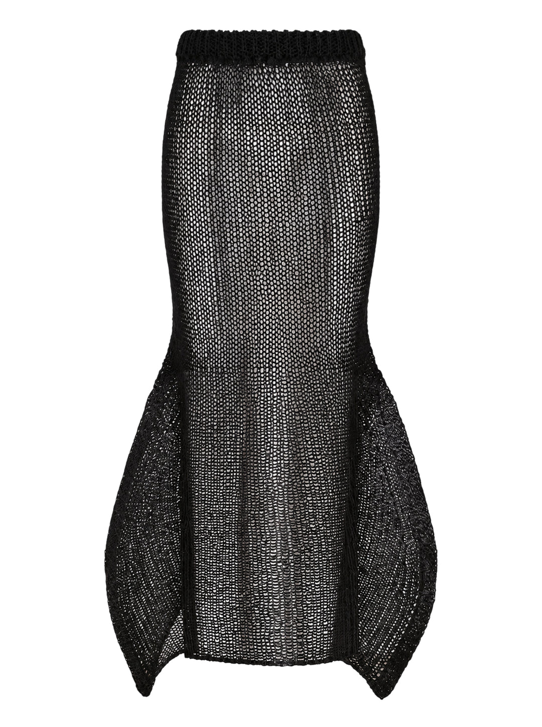Issey Miyake Panini Pulled black open-weave sheer knit midi skirt with ribbed waistband and flared petal-shaped side panels, front view