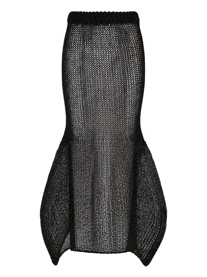 Issey Miyake Panini Pulled black open-weave sheer knit midi skirt with ribbed waistband and flared petal-shaped side panels, front view