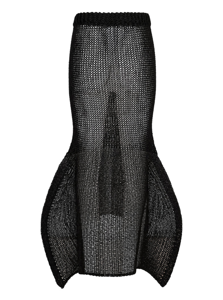 Issey Miyake Panini Pulled black open-weave sheer knit midi skirt with ribbed waistband and flared petal-shaped side panels, front view - view 2