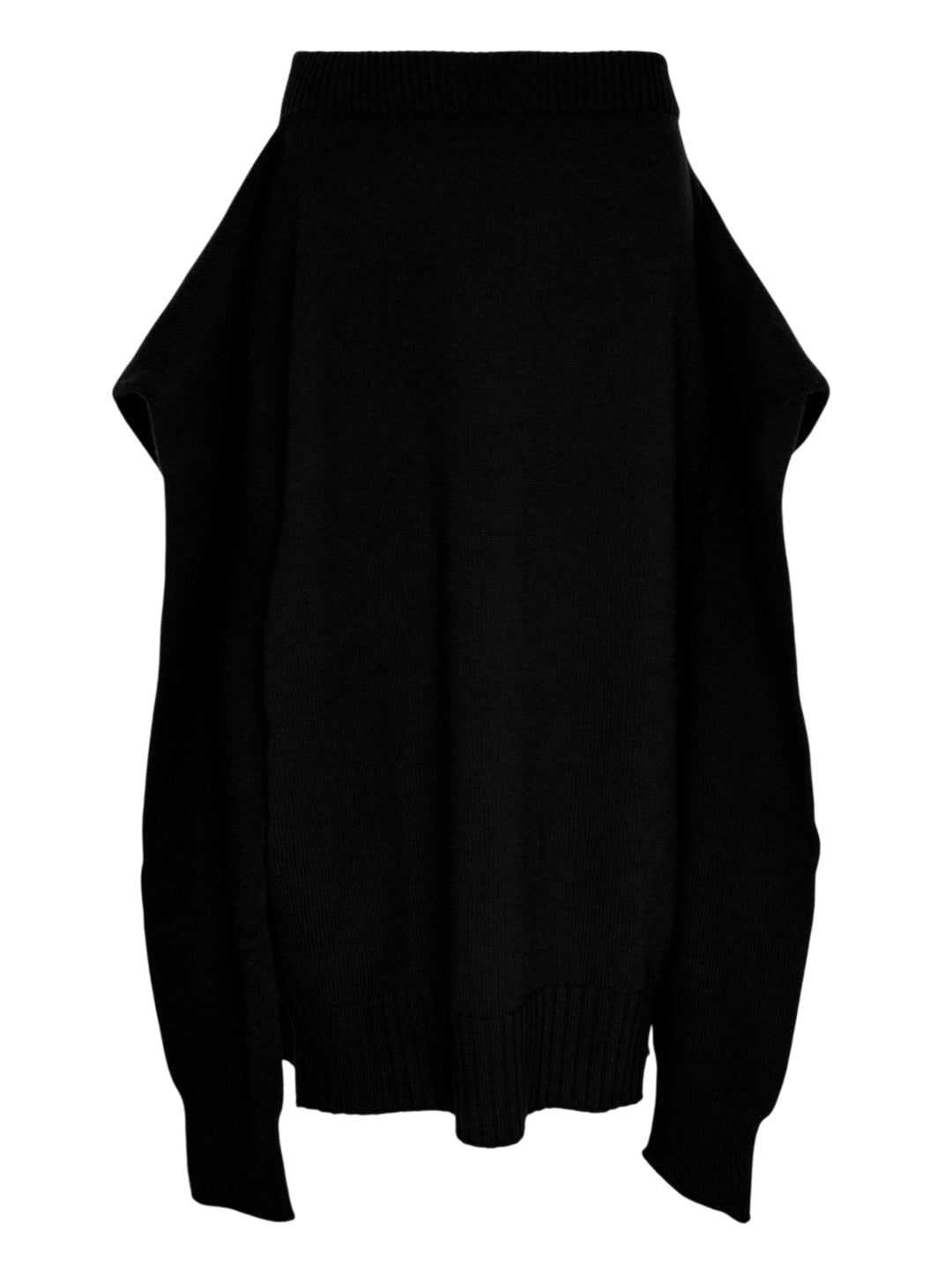 Issey Miyake O Knit black sculptural knit skirt with ribbed waistband, ribbed hem and sleeve-like side panels