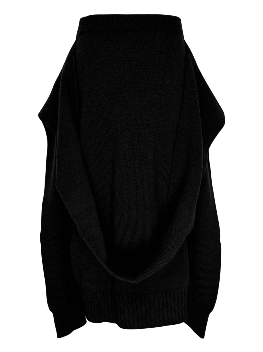 Issey Miyake O Knit black sculptural knit skirt with ribbed waistband, ribbed hem and sleeve-like side panels - view 2