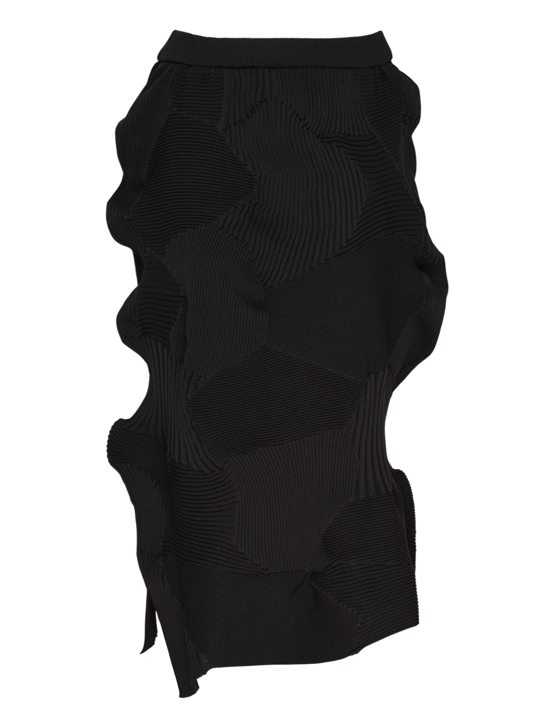 Issey Miyake KONE KONE black sculptural ribbed knit skirt with three-dimensional alternating pleated panels and an asymmetric hem, shot flat on a white background - view 2