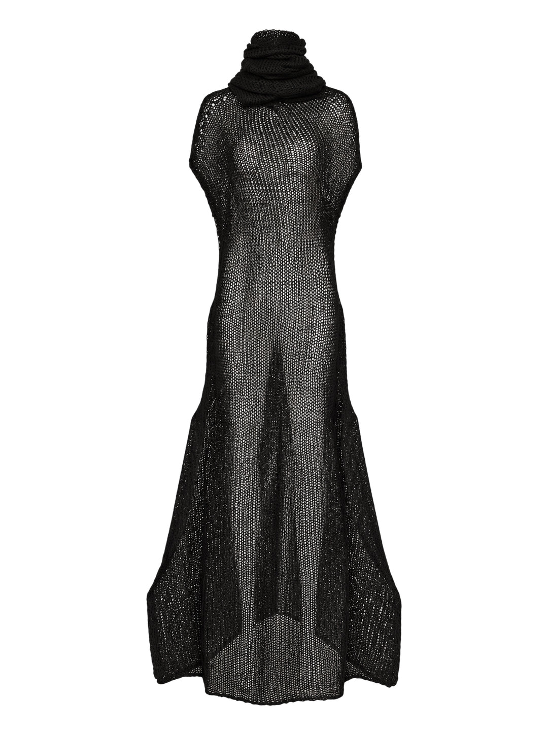 Issey Miyake Panini Pulled black sheer open-knit maxi dress with draped funnel neck, cap sleeves and curved flared hem
