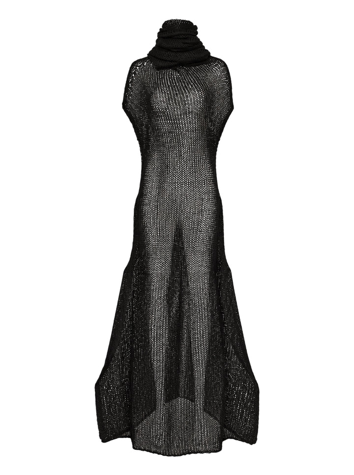 Issey Miyake Panini Pulled black sheer open-knit maxi dress with draped funnel neck, cap sleeves and curved flared hem