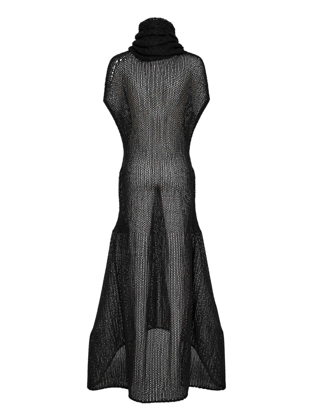 Issey Miyake Panini Pulled black sheer open-knit maxi dress with draped funnel neck, cap sleeves and curved flared hem - view 2