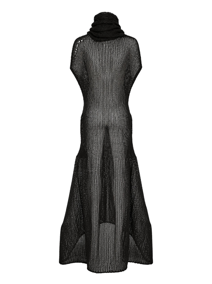 Issey Miyake Panini Pulled black sheer open-knit maxi dress with draped funnel neck, cap sleeves and curved flared hem - view 2