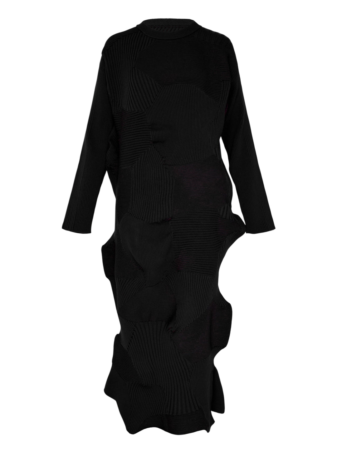 Issey Miyake black ribbed patchwork knit midi dress with long sleeves and sculptural wave-like folds across the lower skirt