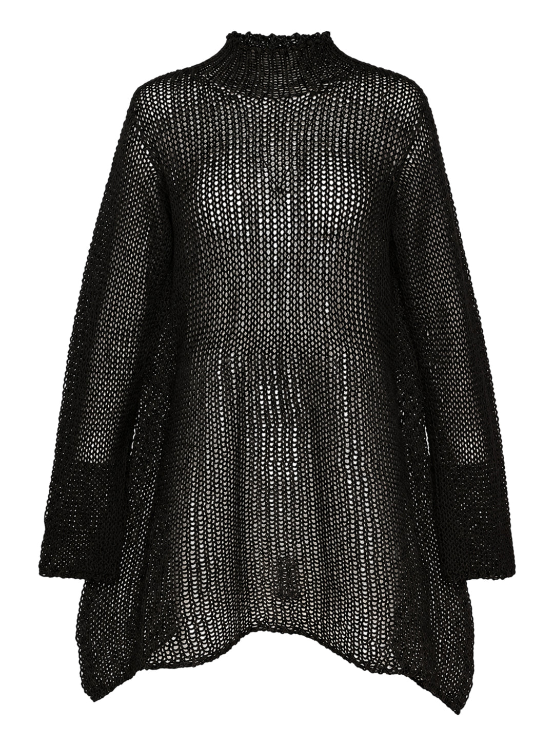 Issey Miyake Panini Pulled black open-knit mesh top with funnel neck, wide sleeves and handkerchief hem