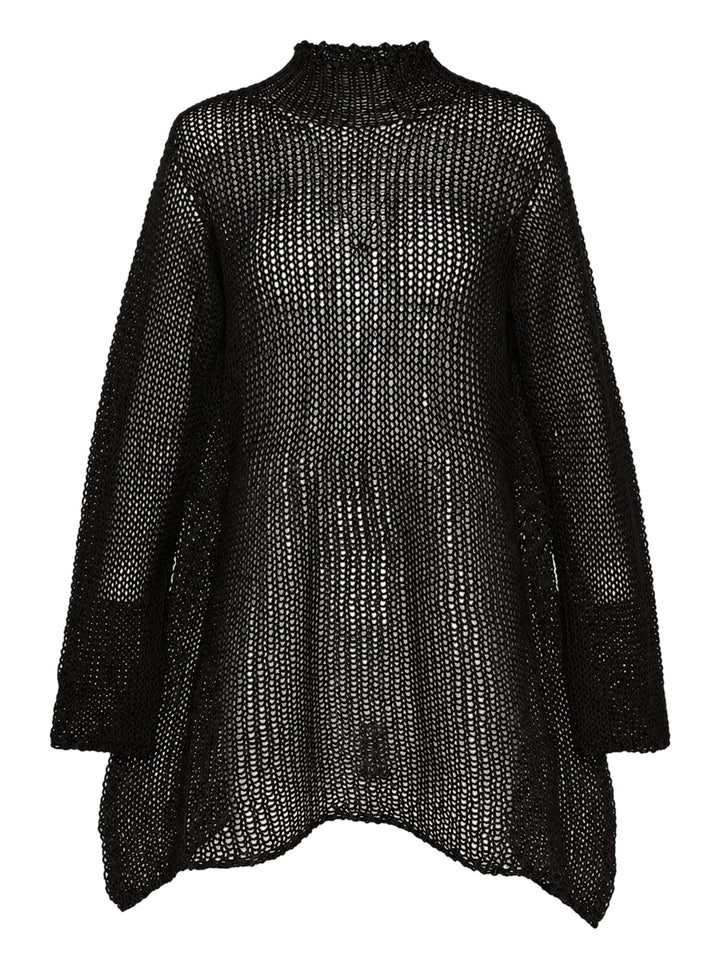 Issey Miyake Panini Pulled black open-knit mesh top with funnel neck, wide sleeves and handkerchief hem